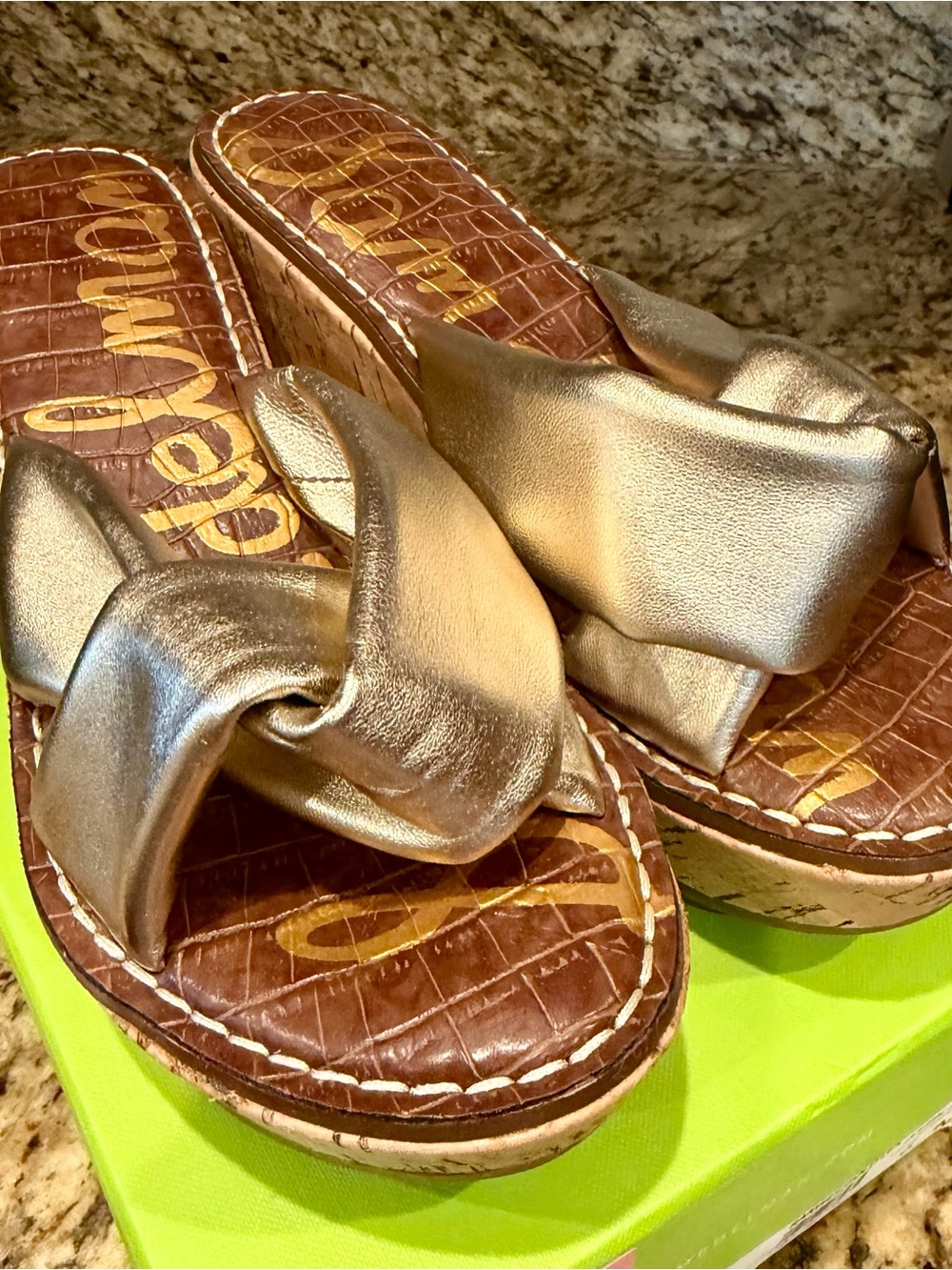 Sam Edelman “Ramsey” Metallic Gold Leather Knotted Wedge Slides